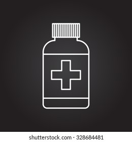 Vector white outline tablet bottle on black background . Health icon 