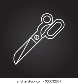 Vector white outline tailor scissors icon on black background 