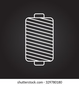Vector white outline tailor thread bobbin icon on black background 