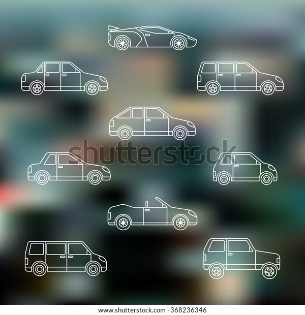 vector white outline various body\
types of cars classification gray blurred\
background\
