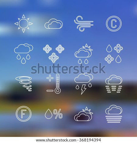 vector white outline weather forecast icons set sun rain wind temperature Celsius thermometer downfall sleet partly cloudy showers humidity drop percent snow on summer landscape blurred background

