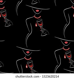 Vector white outlined lady silhouette with glass of wine in the hand on dark background. Element for textile and fabric print, wrapping and decoration paper, gift voucher design.