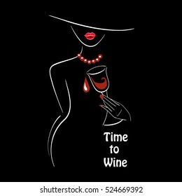 Vector white outlined lady silhouette with graphic glass of wine on black background with a place for your text. Element for your design logo, poster , menu, etc. Wine and grape festival concept