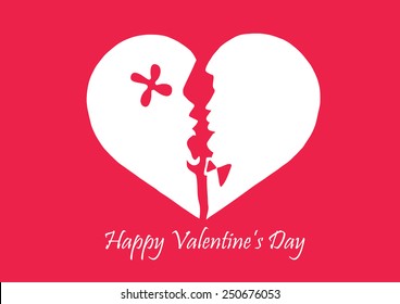 Vector with white outlines on a pink background, two profiles of kissing couple on a background of the heart.