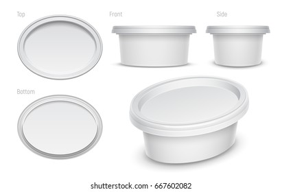 Vector white oval container for cosmetics cream, butter or margarine spread. Top, bottom, front, side and perspective views isolated over the white background. Packaging template illustration.