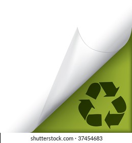 Vector white page curled corner with recycle sign on green