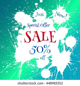 Vector white paint blot with Sale tag over bright blue background. Vector Discount label. Business banner for sale message.