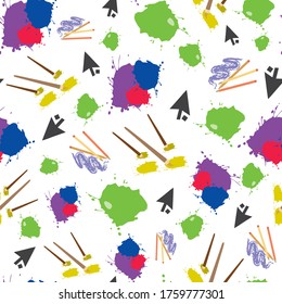 Vector White with Paint, Pencils and Digital Arrows seamless pattern background from Create Art Collection. Scattered modern repeat pattern tile featuring art media good for stationary and packaging.