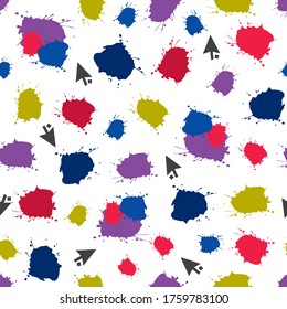 Vector White with Paint Splats and Digital Arrows seamless pattern background from Create Art Collection. Scattered modern repeat pattern featuring paint art media good for stationery and packaging.