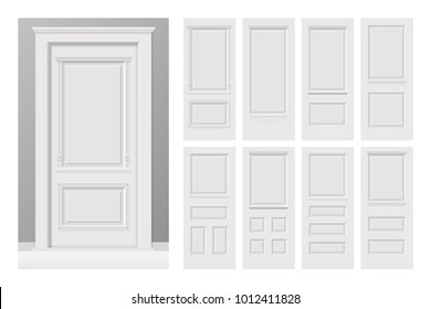 Vector white painted interior wooden doors set in flat style. Realistic proportions, 1:100 scale.