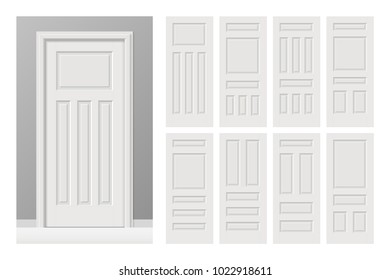 Vector white painted interior wooden doors set in flat style. Realistic proportions, 1:100 scale.