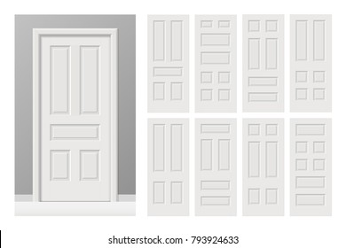 Vector white painted interior wooden doors set in flat style. Realistic proportions, 1:100 scale.