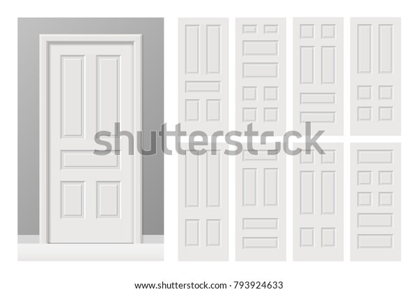 Vector white painted interior\
wooden doors set in flat style. Realistic proportions, 1:100\
scale.