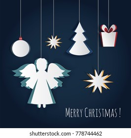 Vector white paper angel toy, christmas tree, gift boxes and stars on dark blue background. Design elements for holiday cards. Paper carving design. Cutout festive new year and christmas decor