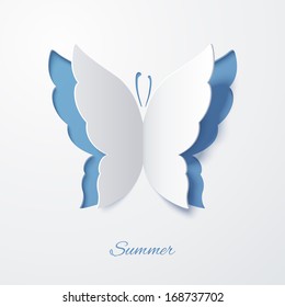 Vector white paper butterfly on a blue background. Illustration for holiday cards. Abstract Design. 