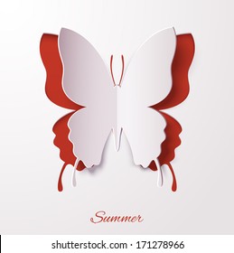Vector white paper butterfly on a red matte background. Design element for holiday cards. Vector illustration.