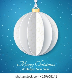 Vector white paper Christmas ball on blue glittering background. Design elements for holiday cards. 