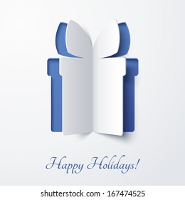 Vector White Paper Christmas Box On A Blue Matte Background. Design Elements For Holiday Cards.