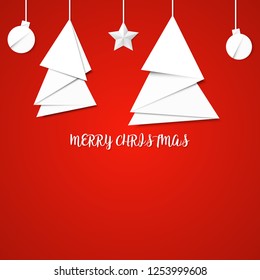 Vector White paper Christmas tree on a red background.