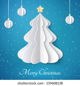 Vector white paper Christmas tree on blue glittering background. Design elements for holiday cards. 