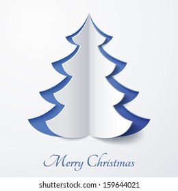 Vector White Paper Christmas Tree On A Blue Matte Background. Design Elements For Holiday Cards.