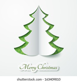 Vector white paper Christmas tree on a green matte background. Design elements for holiday cards.