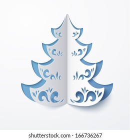 Vector white paper Christmas tree on a light blue matte background. Element for holiday cards. 