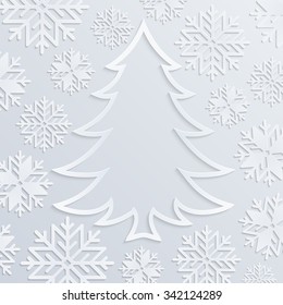 Vector white paper Christmas tree with snowflakes. Design elements for holiday cards. 