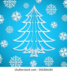 Vector white paper Christmas tree on the blue background with snowflakes. Design elements for holiday cards. EPS10.