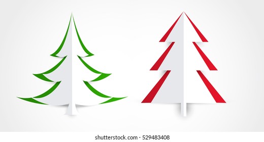 Vector white paper Christmas tree on a green matte background. Design elements for holiday cards.