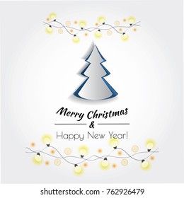 Vector white paper Christmas tree  with glowing lights. Design elements for holiday cards. Paper carving design. Cutout festive new year and christmas decor. Origami concept