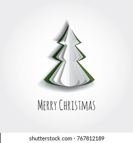 Vector white paper Christmas tree on white background. Design elements for holiday cards. Paper carving design. Cutout festive new year and christmas decor. Origami concept. Folded paper element