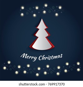 Vector white paper Christmas tree  with glowing lights. Design elements for holiday cards. Paper carving design. Cutout festive new year and christmas decor. Origami concept