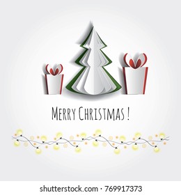 Vector white paper Christmas tree and gift boxes with glowing lights. Design elements for holiday cards. Paper carving design. Cutout festive new year and christmas decor. Origami concept