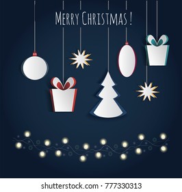 Vector white paper Christmas tree, gift boxes and stars on dark blue background. Design elements for holiday cards. Paper carving design. Cutout festive new year and christmas decor. Origami concept