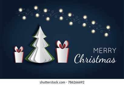 Vector white paper Christmas tree and gift boxes on dark blue background. Design elements for holiday cards. Paper carving design. Cutout festive new year and christmas decor. Origami concept