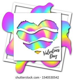 Vector white paper cut poster with heart on flowing rainbow blob. Text Happy Valentines Day. Abstract colorful banner design.