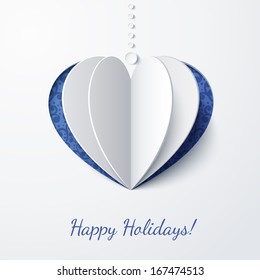 Vector white paper heart on a blue matte background. Design elements for holiday cards. 