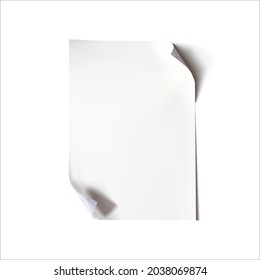 Papel blanco vectorial aislado en fondo blanco, hoja de papel en blanco con esquinas curvadas, página limpia.