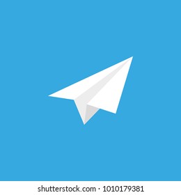 Vector white paper plane icon minimalist symbol on blue background.