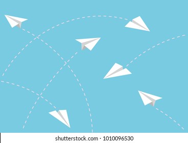 Vector white paper planes minimalist style on blue background.