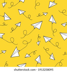 Vector white paper planes on yellow background. Can be used as wallpaper banner or card template textile fabric prints wrapping paper print or for any other use. 