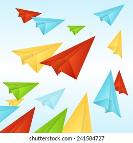 Vector white paper planes on blue sky