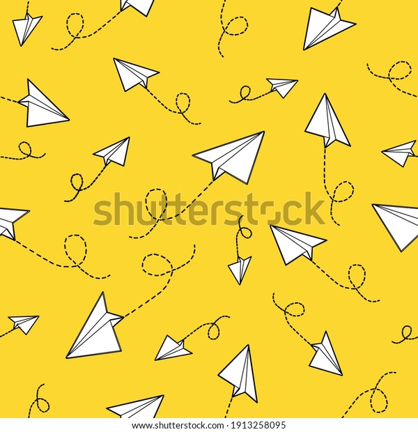 Vector white paper planes on\
yellow background. Can be used as wallpaper banner or card template\
textile fabric prints wrapping paper print or for any other use.\
