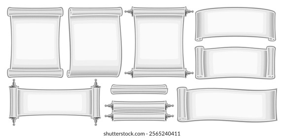 Vector White Paper Scroll Set, collection of cut out illustrations vertical and horizontal grey paper with copy space for promotion, group of different paper scroll layouts for ad on white background