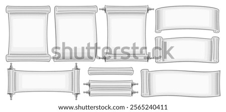 Vector White Paper Scroll Set, collection of cut out illustrations vertical and horizontal grey paper with copy space for promotion, group of different paper scroll layouts for ad on white background
