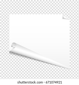 Vector white paper sheet isolated on transparent background. Vector illustration of blank twirled paper with bent corner. Top view of sheet with shadow.