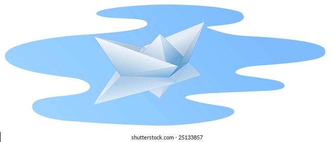 Vector - White paper ship with reflection in blue water