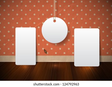 Vector white paper tag and two cards over an old wall background with vintage wallpaper