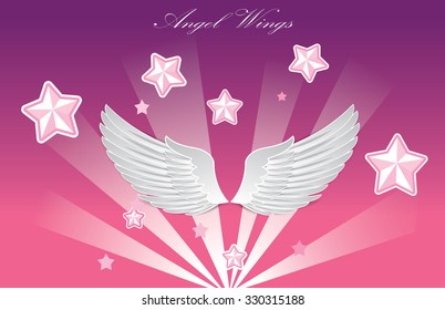 Vector white paper wings on a pink matte background. Beautiful applique. Abstract design. Vector illustration.